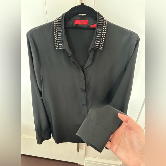 Hugo Boss Black Silk Blouse Size 40 US 8 jewellery collar - Picture 10 of 13
